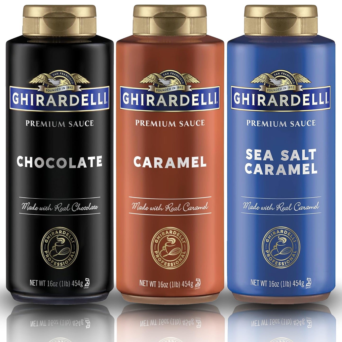 Ghirardelli Flavored Sauce Variety Pack | 16 Oz Bottles (Pack Of 3) | Chocolate Caramel And Sea Salt Caramel Dessert Toppings For Coffee Ice Cream And Baking Recipes