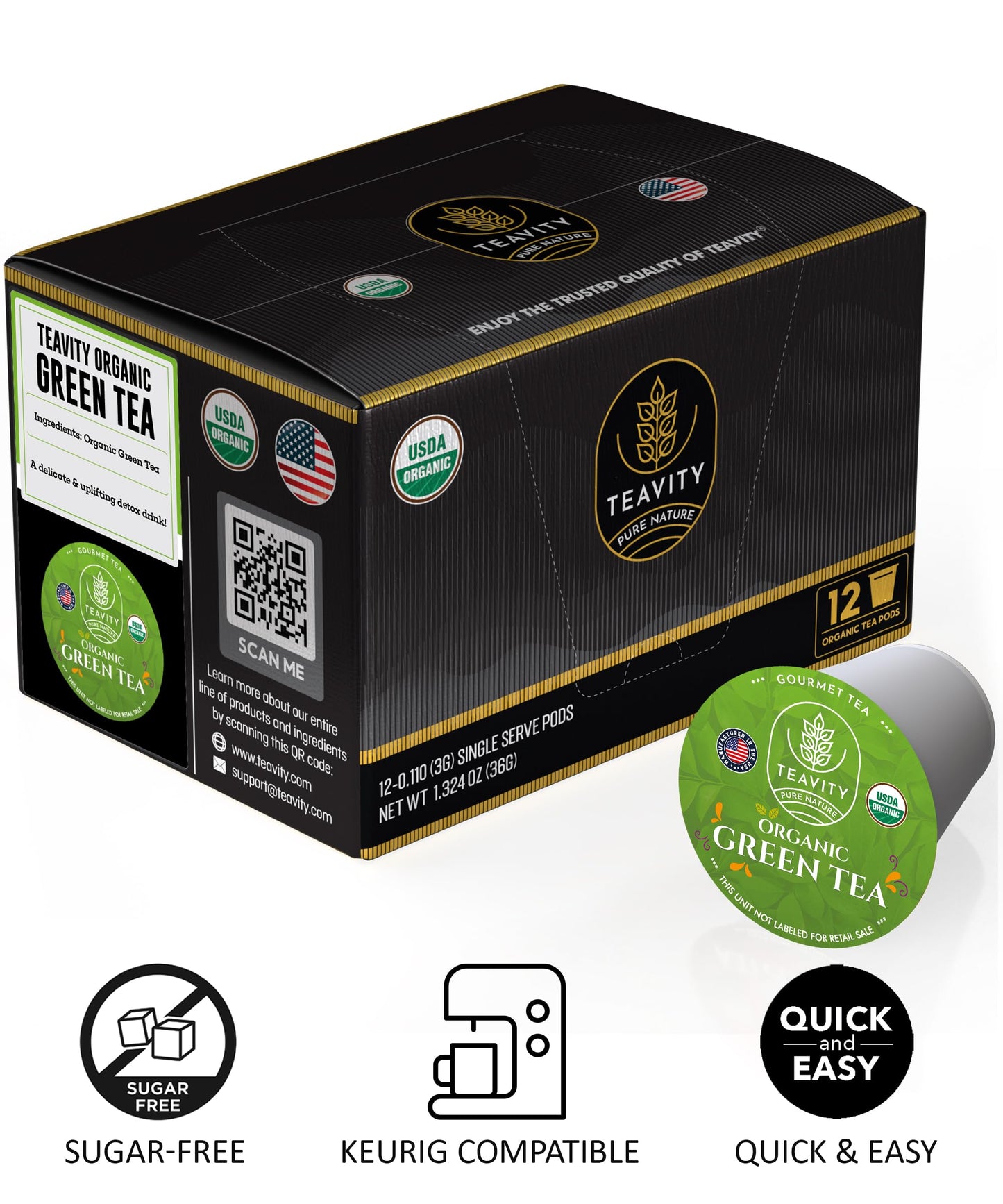 Organic Green Tea Pods For Keurig - Unsweetened Green Tea For K Cup Machines By Teavity (36 Tea Pods)