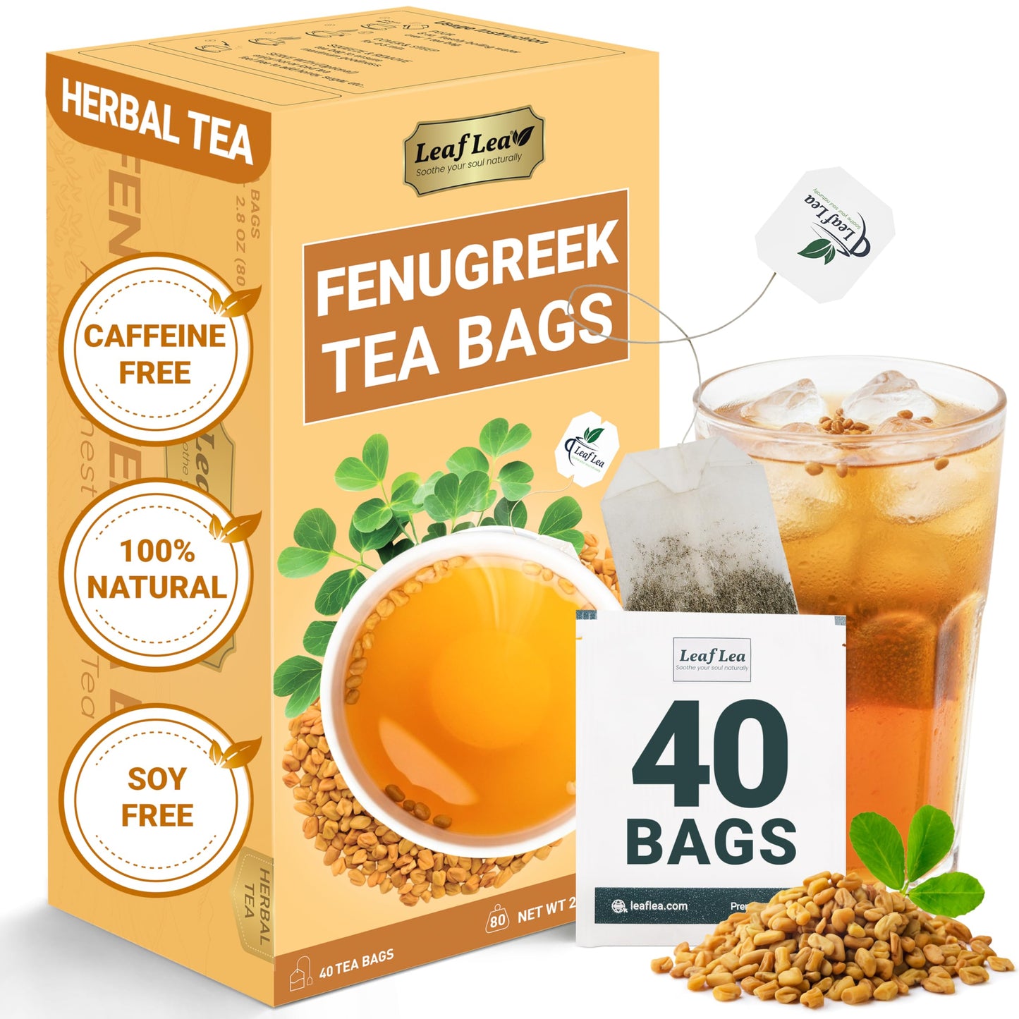 Leaflea 40 Natural Fenugreek Seed Tea Bags 100% Pure From Fenugreek Seeds Herbal Tea Infusion Fenogreco Tea With Distinct Aroma And Smooth Flavor Energy Blend-Free Individually Wrapped For Freshness