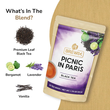 Brewix, Earl Grey With Lavender Tea, Picnic In Paris Black Tea (25 Pyramid Tea Bags) | Black Tea With Bergamot, Lavender And Van