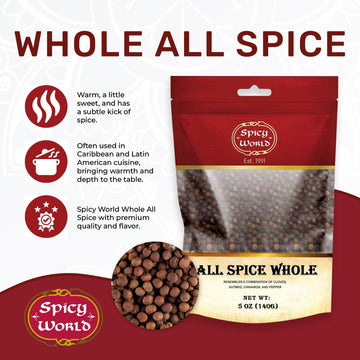 Allspice Whole Berries 5 Ounce Bag - by Spicy World (All Spice) | All Spice Pimento Jamaica Pepper for Cooking & Seasoning | Ver