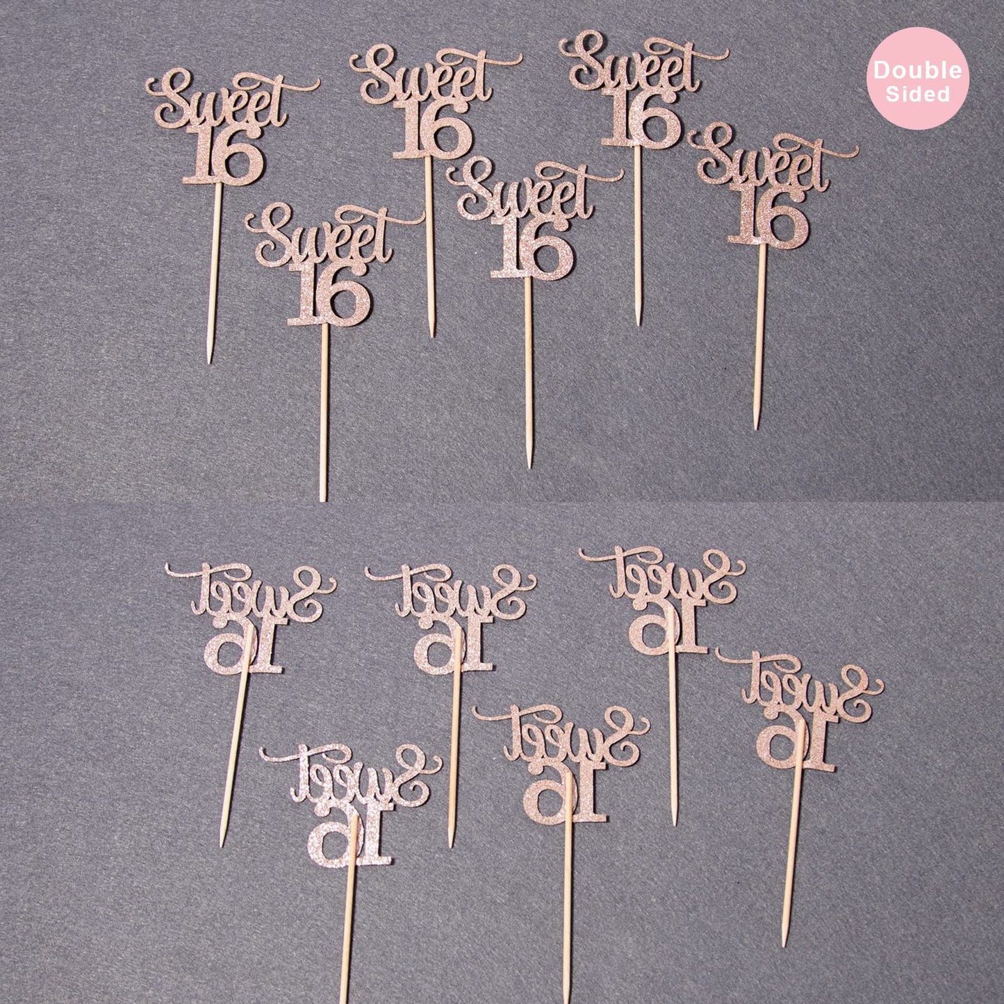 24 Pcs Rose Gold Glitter Double-Sided Sweet 16 Cupcake Toppers, Sixteen Cupcake Picks, 16Th Birthday Anniversary Party Cake Deco
