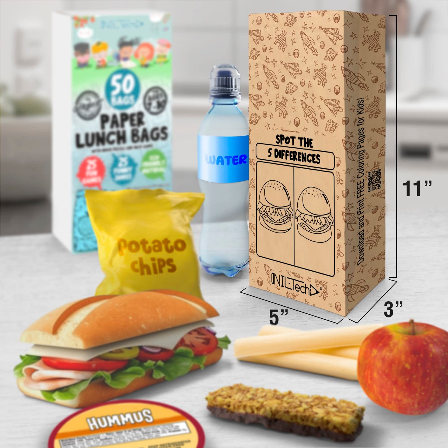 Kids Brown Paper Bags - Lunch Notes For Kids Via Printed Jokes And Games Eco Friendly Food Safe 50Pc Kraft Paper Lunch Bags For