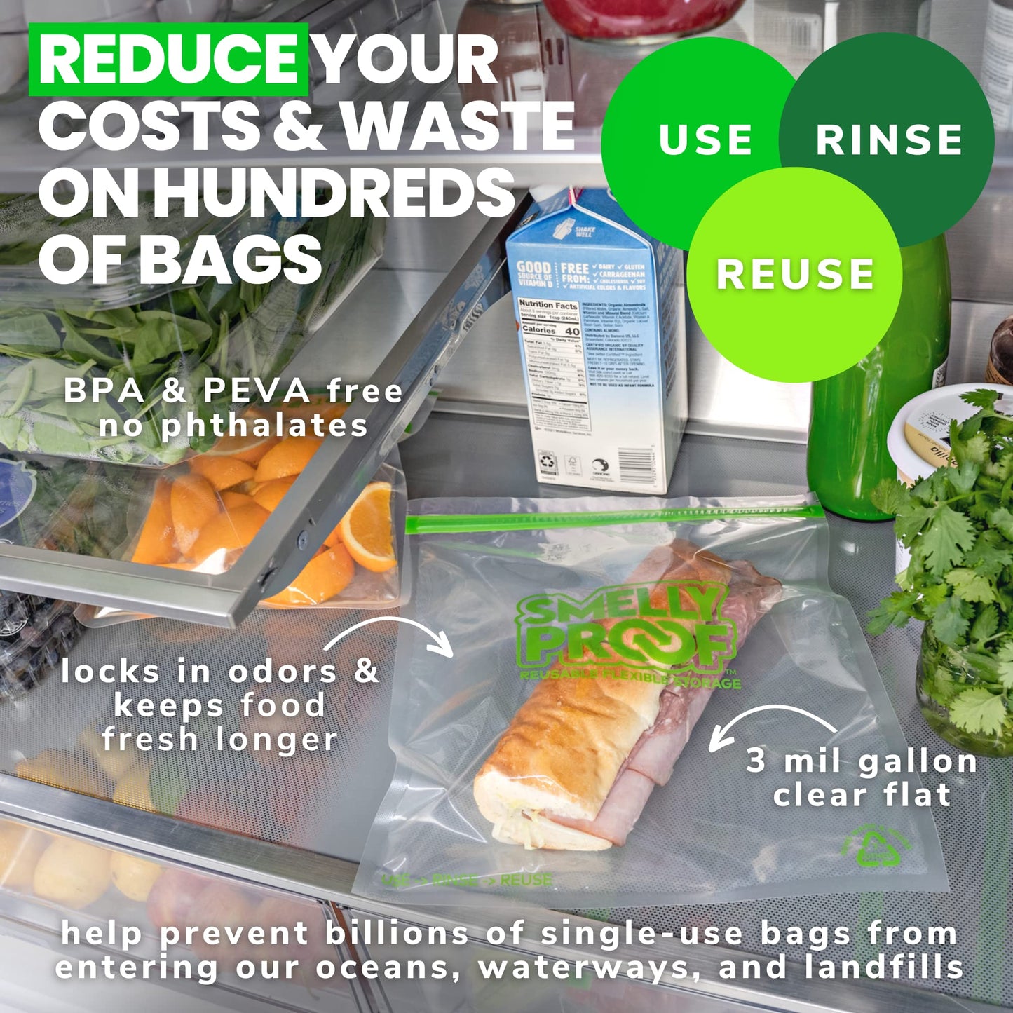 Reusable Storage Bags For Food By Smelly Proof Bags - Made In Usa, Easy Clean, Dishwasher-Safe, Peva & Bpa Free, Xl 3-Mil Thick