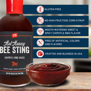 Ps Seasoning Hot Honey Bee Sting Chipotle Bbq Sauce - All-Purpose Glaze, Marinade, Baste, And Dip - Sweet And Spicy Grilling Sau
