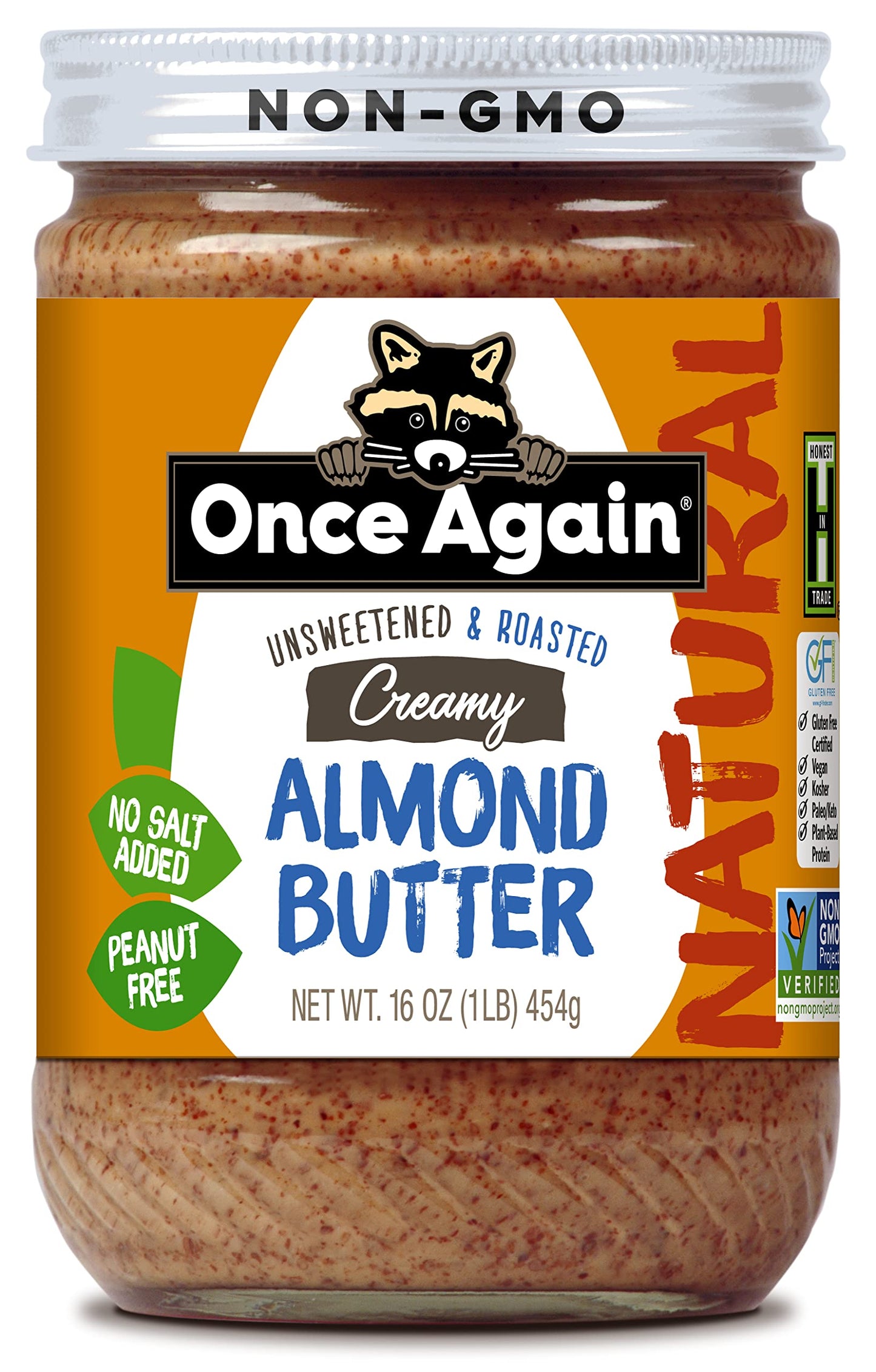 Once Again Natural Creamy Almond Butter, 16oz - Roasted - Salt Free, Unsweetened - Gluten Free Certified, Peanut Free, Vegan, Ko