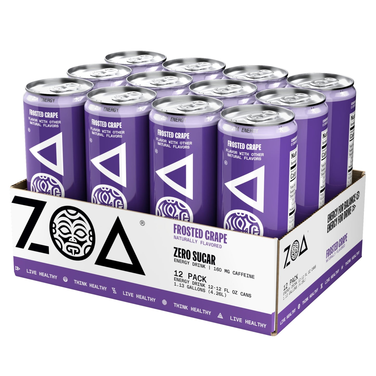 ZOA Zero Sugar Energy Drinks, Frosted G , Electrolytes, 12 Fl Oz, 12-Pack