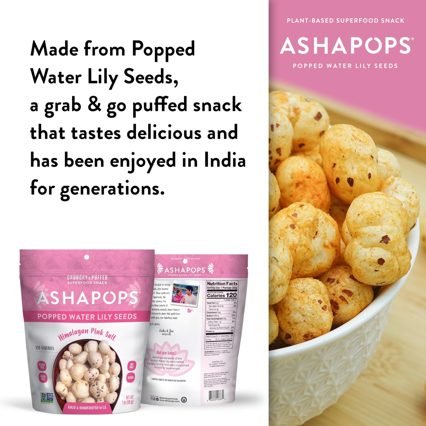 AshaPops Himalayan Pink Salt Flavored Popped Water Lily Seeds, 1 oz (Pack of 6) - Gluten-Free, Vegan, Paleo, Nut-Free, Corn-Free