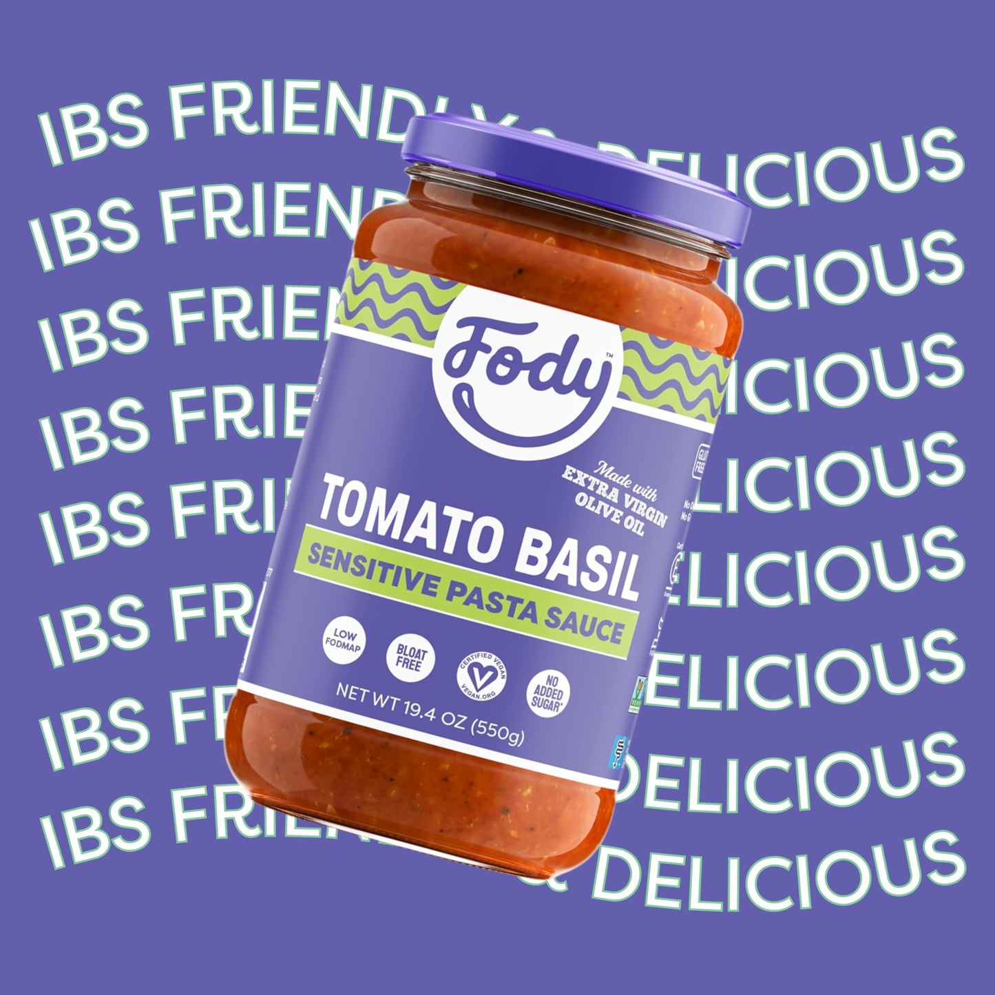 Fody Foods Tomato Basil Pasta Sauce, 19.4 Oz, Garlic and Onion Free, Low FODMAP Certified, Gut & IBS Friendly, Vegan, Non-GMO, G