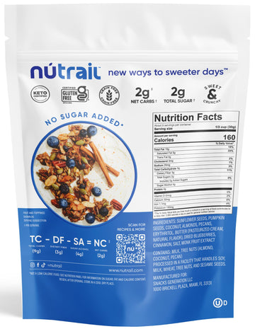 Nutrail Nut Granola, Blueberry Cinnamon, No Sugar Added, Gluten Free, Grain Free, Keto, Low Carb, Healthy Breakfast Cereal 8 Oz.