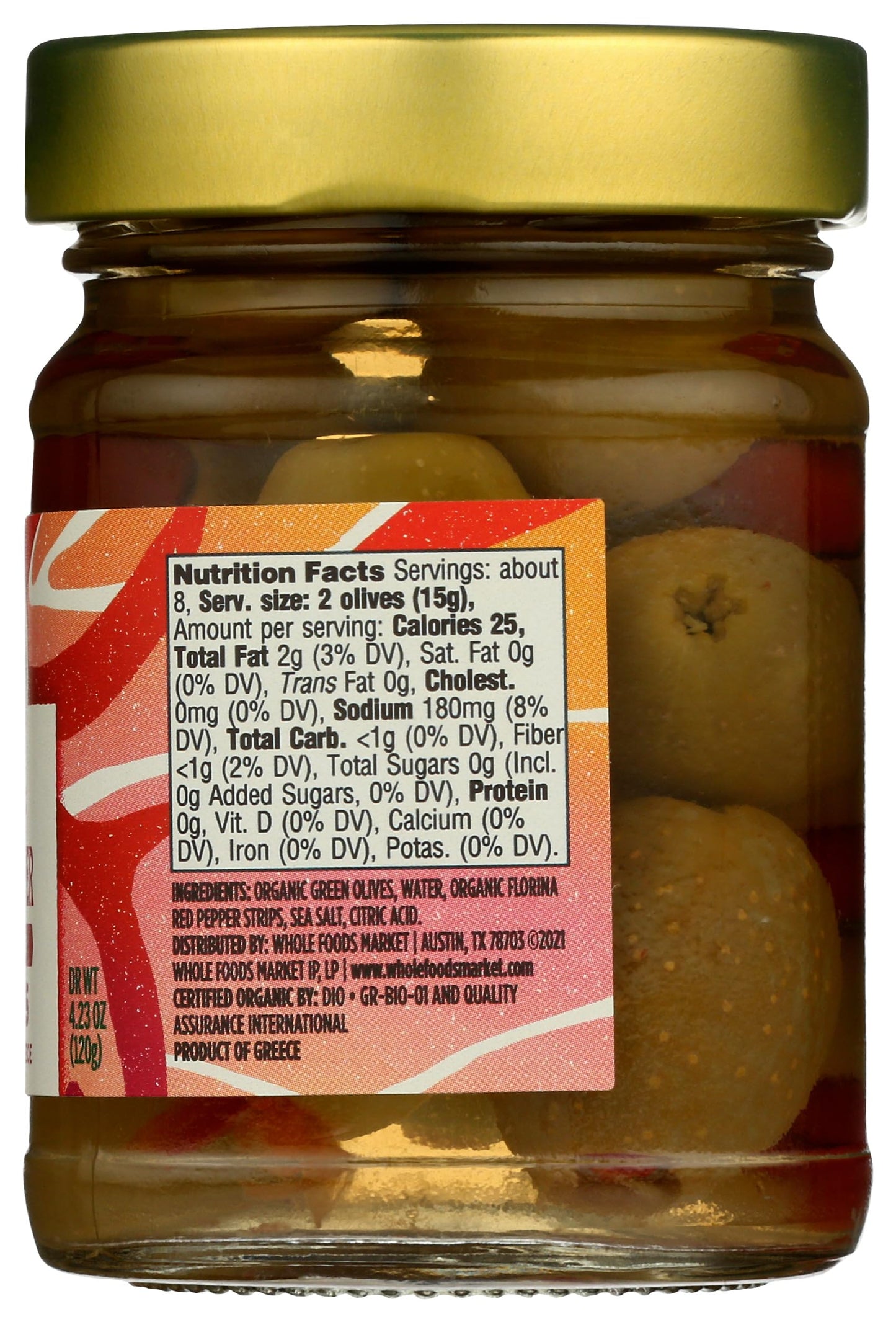 Whole Foods Market, Organic Red Pepper Stuffed Olives, 4.23 oz