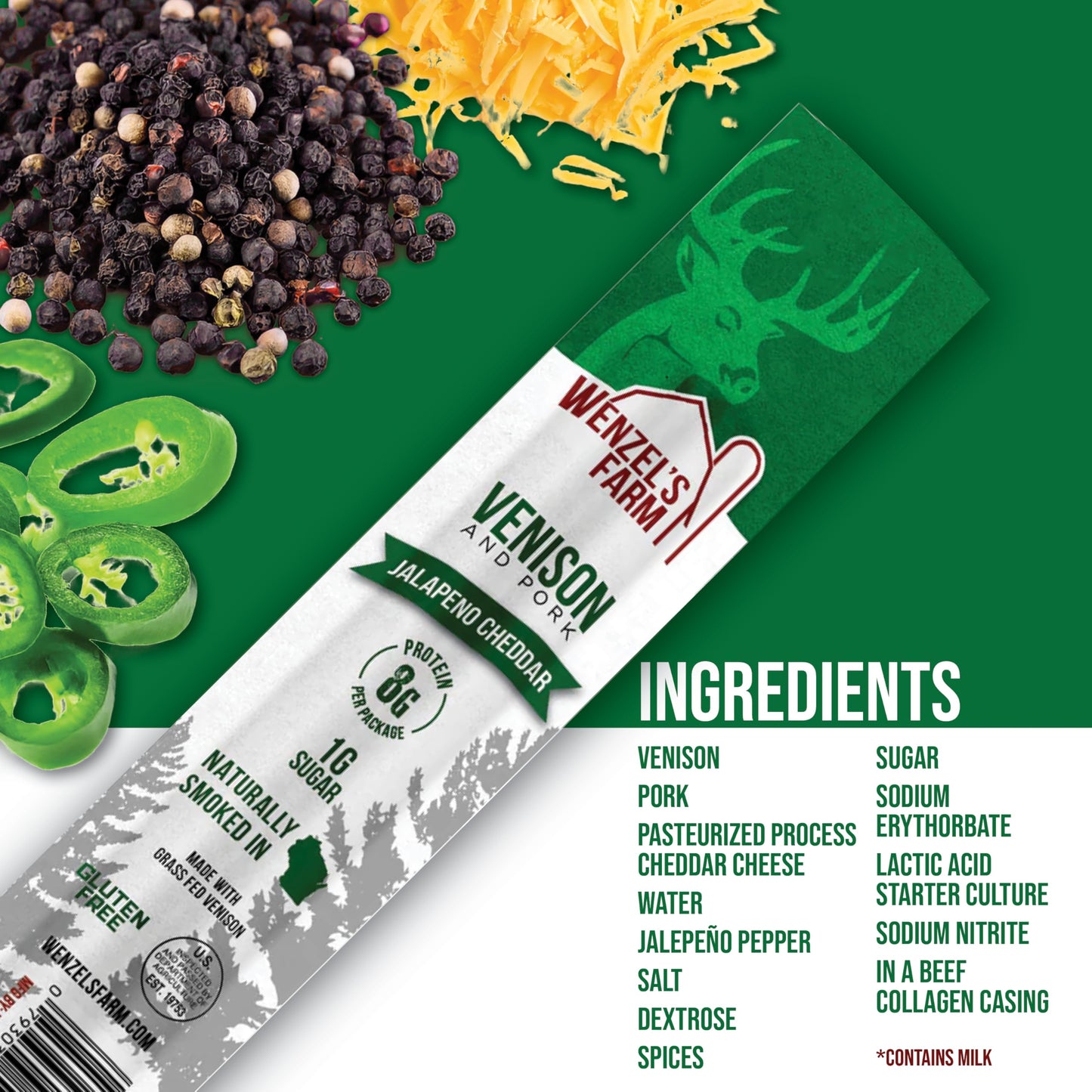 Wenzels Farm Jalapeno Cheddar Snack Sticks, Gluten Free, High Protein, 16 Count