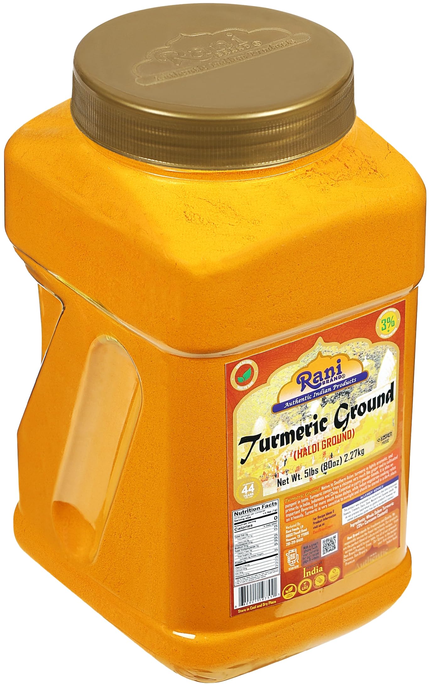Rani Turmeric Root Powder, High Curcumin, 80oz (5lbs) Bulk PET Jar, 100% Pure, Vegan, Gluten Friendly, Non-GMO, Indian Origin