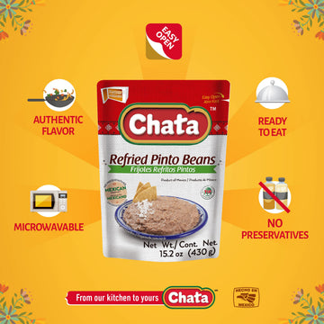 Chata Refried Pinto Beans Pouch | Practical + Delicious | Ready-To-Eat | No Preservatives | 15.2 Ounce (Pack Of 3)