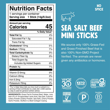 Chomps Mini Grass-Fed and Finished Sea Salt Beef Jerky Snack Sticks 6-Pack - Keto Paleo Whole30 4g Lean Meat Protein Gluten-Free Zero Sugar Food Non-GMO
