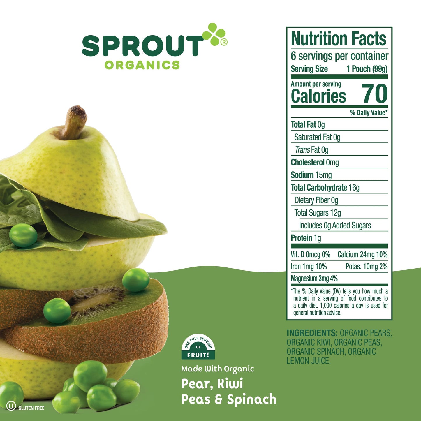 Sprout Organic Baby Food, Stage 2 Pouches, Fruit & Veggie Blend, Pear Kiwi Peas & Spinach, 3.5 Oz Purees (Pack Of 12)