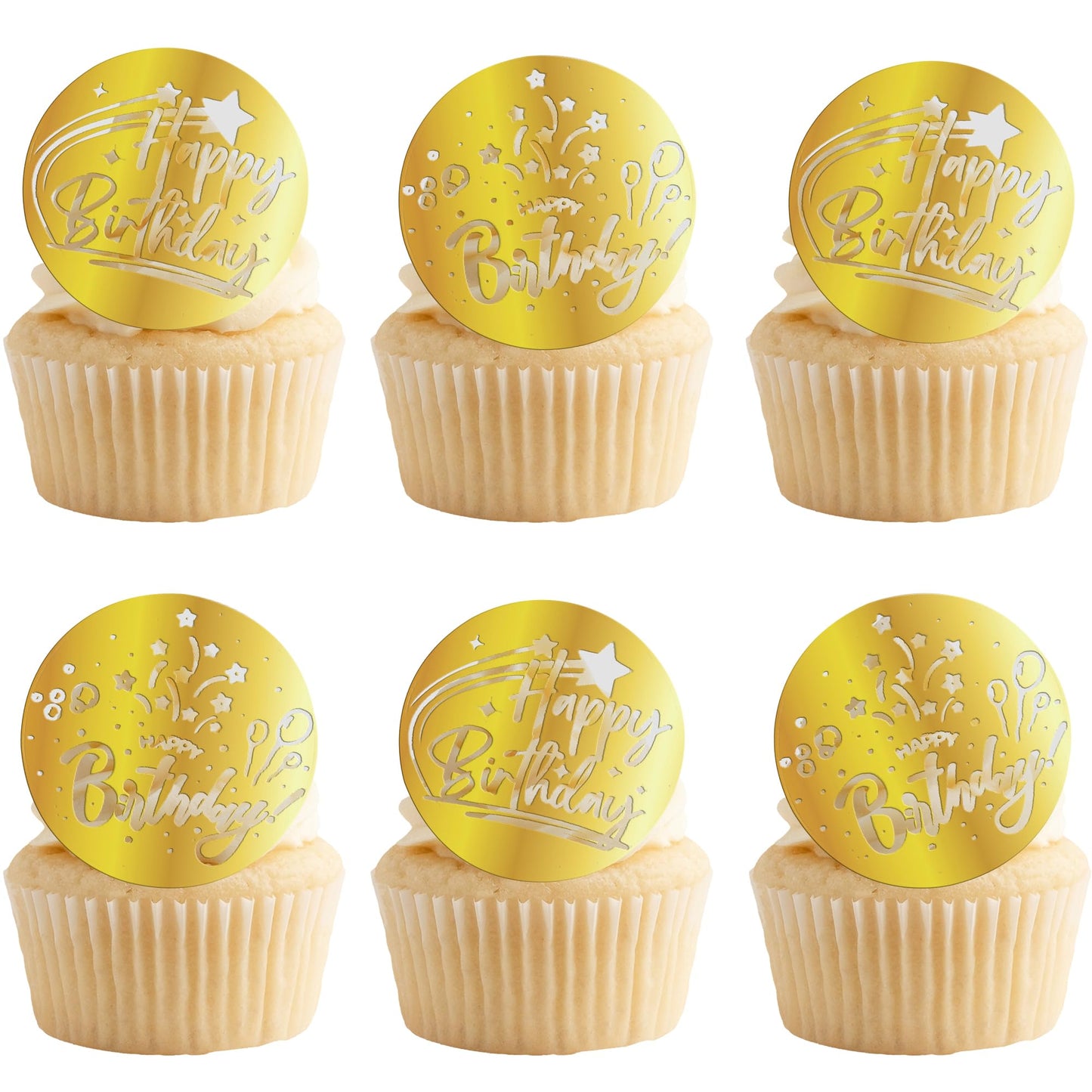 Gyufise 24Pcs Mirror Acrylic Cupcake Toppers Happy Birthday Acrylic Engpartyd Cake Picks Cupcake Disc Happy Birthday Cake Decoration Circle Round Shape Diy Party Supplies Gold