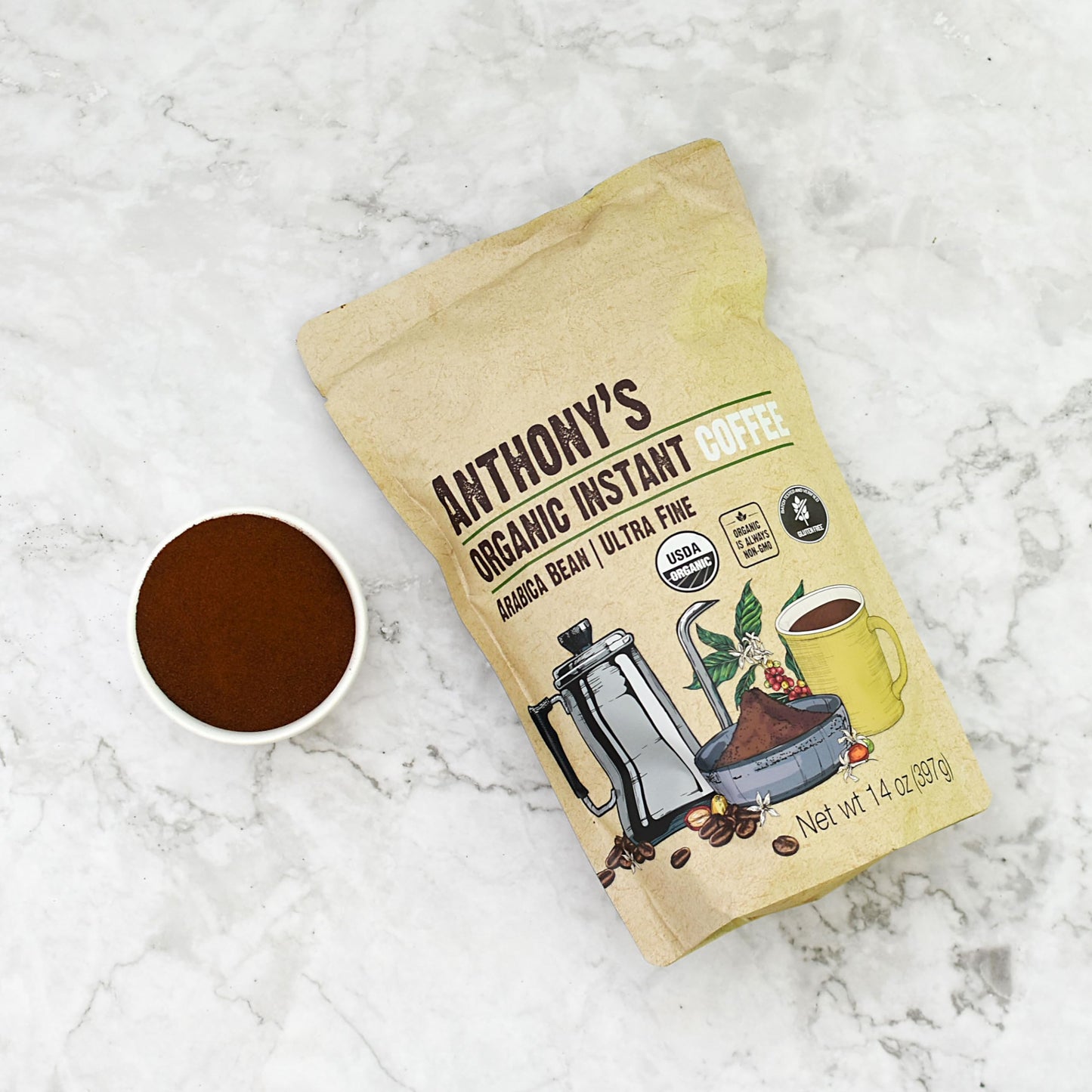 Anthonys Organic Instant Coffee 14oz Ultra Fine Microground Gluten Free Arabica Non GMO