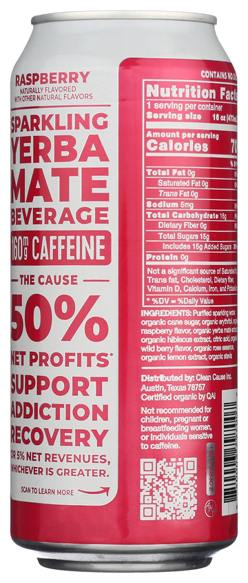 CLEAN CAUSE Yerba Mate Energy Drink, Raspberry Flavor, 16 Fl Oz, Refreshing Energy Boost