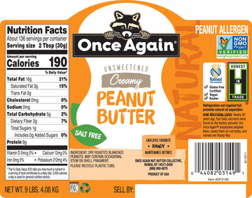 Once Again Natural, Creamy Peanut Butter, 9Lb Bucket (Same As 9 Jars) - Salt Free, Unsweetened - Gluten Free Certified, Vegan, Kosher, Non-Gmo Verified