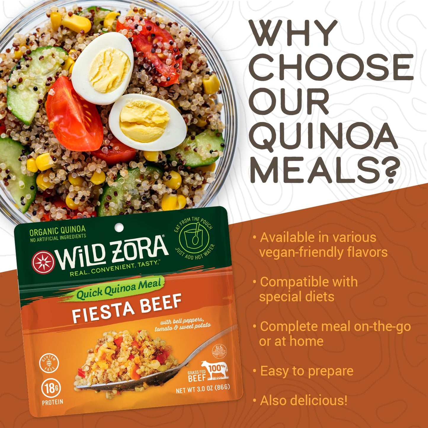 WILD ZORA Instant Organic Quinoa Meals - Fiesta Beef 3-Pack, Gluten-Free Meal with Lentils & Olive Oil Packet