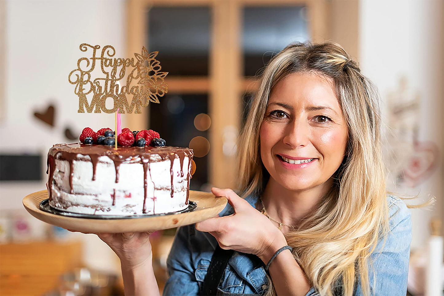 Ahaoray Happy Birthday Mom Cake Topper - Premium Gold Glitter Flower Mother'S Birthday Cake Decoration Supply - Birthday Party D