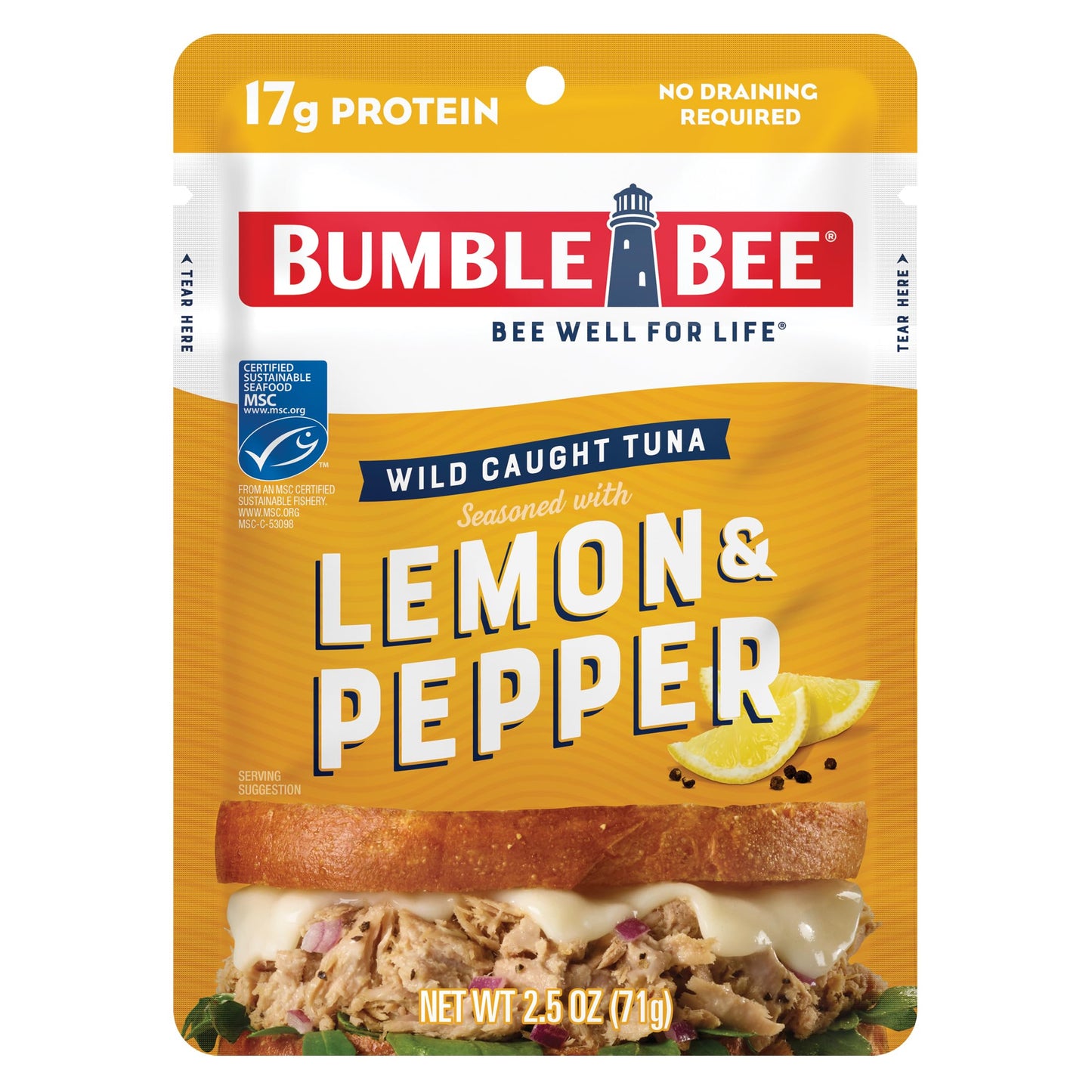 Bumble Bee Lemon & Pepper Seasoned Tuna, 2.5 oz Pouch - Ready to Eat - Wild Caught Tuna Packet - 17g Protein per Serving - Glute