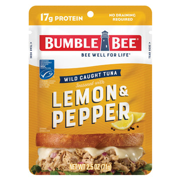 Bumble Bee Lemon & Pepper Seasoned Tuna, 2.5 oz Pouch - Ready to Eat - Wild Caught Tuna Packet - 17g Protein per Serving - Glute