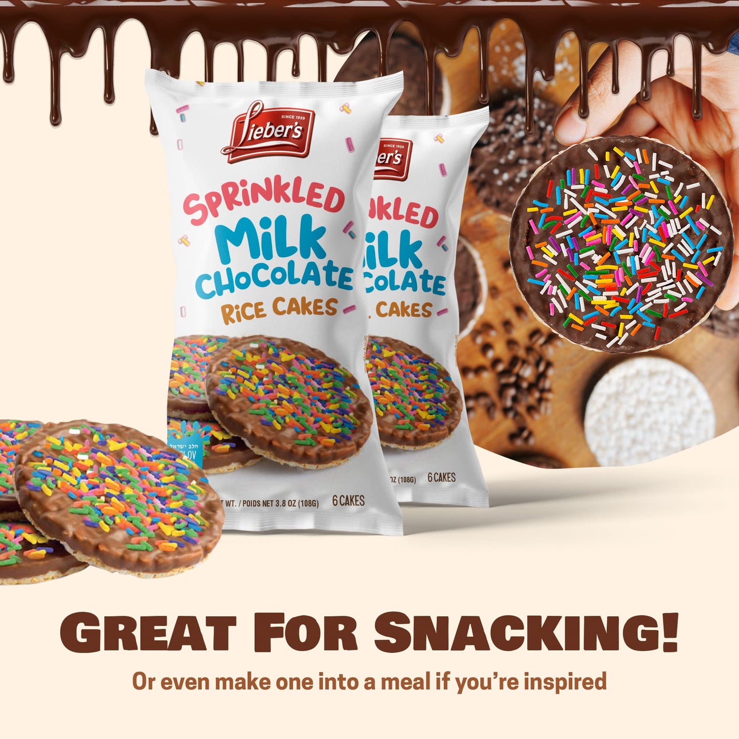 Liebers Sprinkled Topped Milk Chocolate Rice Cakes, Kosher Certified Dairy, Gluten Free Snack (Pack Of 3)