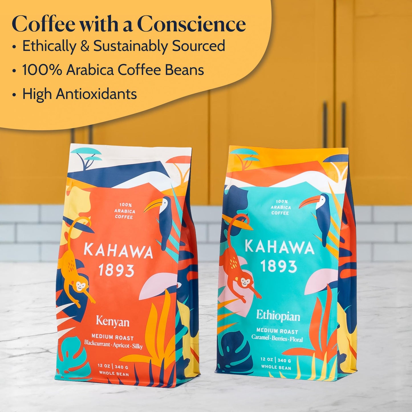 KAHAWA 1893 Whole Bean Coffee Combo Pack - Kenyan & Ethiopian Blend, 12 Oz (Pack of 2) - Naturally Sweet, Organically Grown