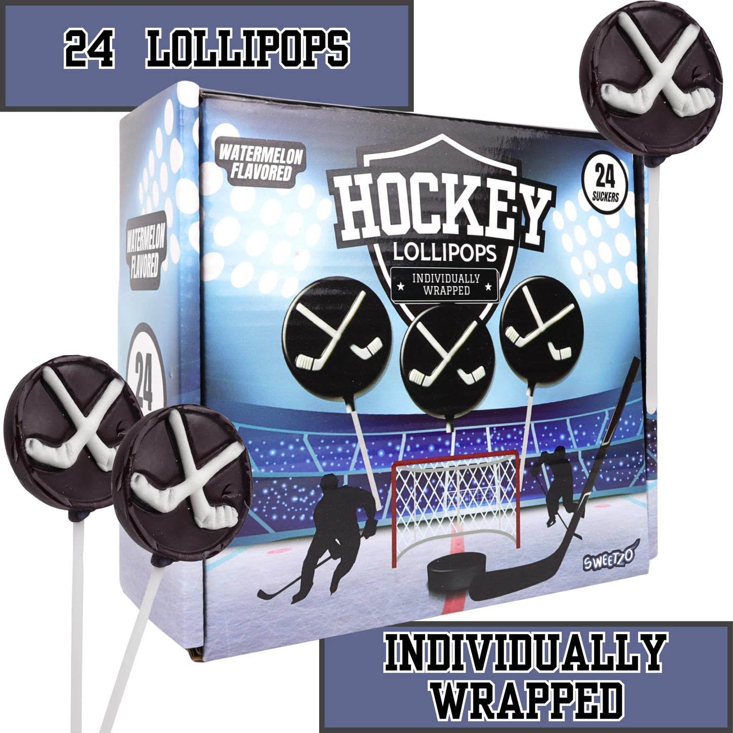 Sweetzo Hockey Puck Lollipops, Individually Wrapped Candy Party Favors, 24 Count, Ideal End of Year Team Gifts, Hockey Puck Size