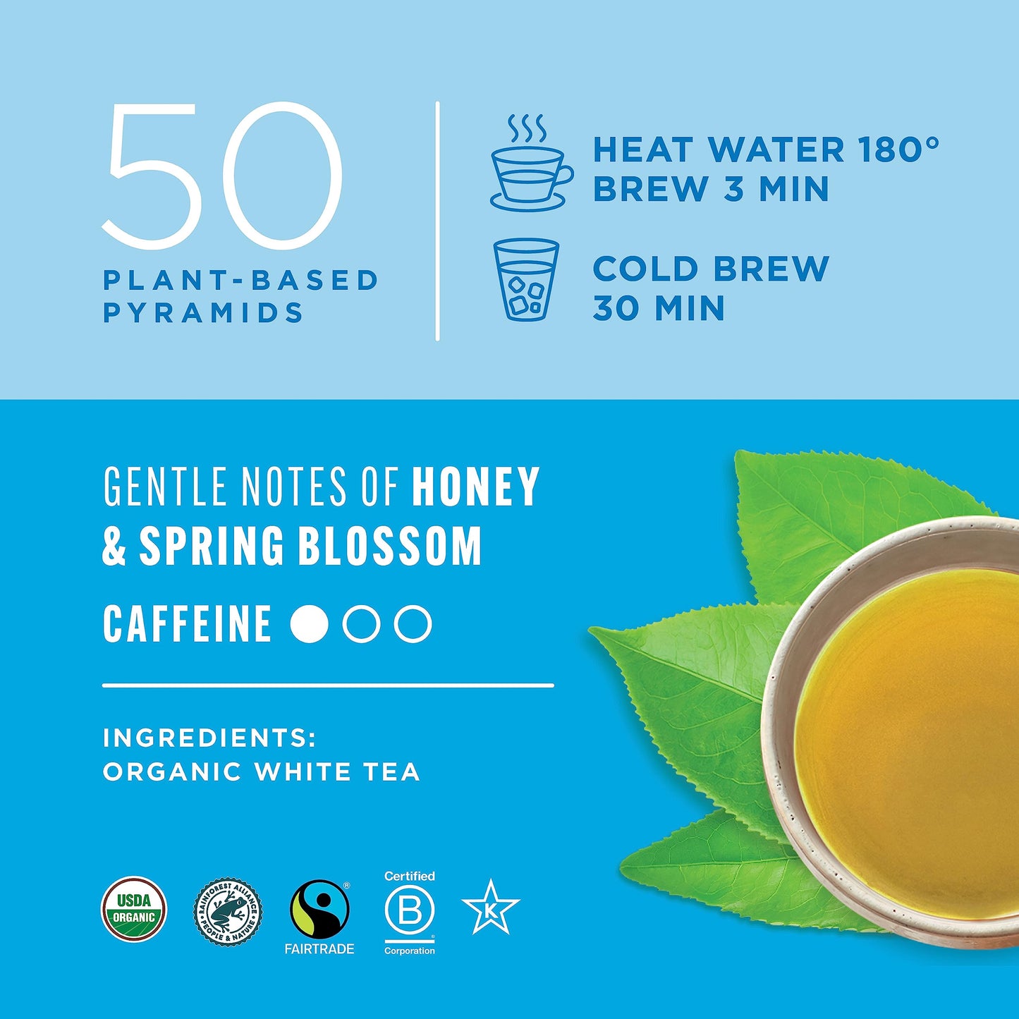 Teatulia Organic White Tea Bags (50 Pyramid Sachet Teabags) Whole Leaf Pure White Tea | 100% Compostable | Sustainably Grown In