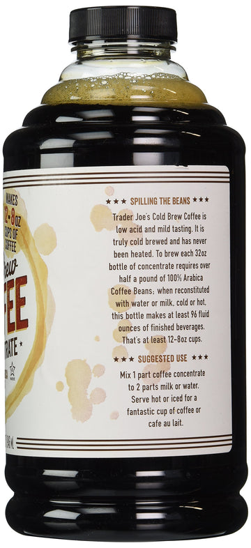 Trader Joe's Cold Brew Coffee Concentrate, 100% Arabica Beans, 32 Fl Oz - Fair Trade Quality Brewed Coffee