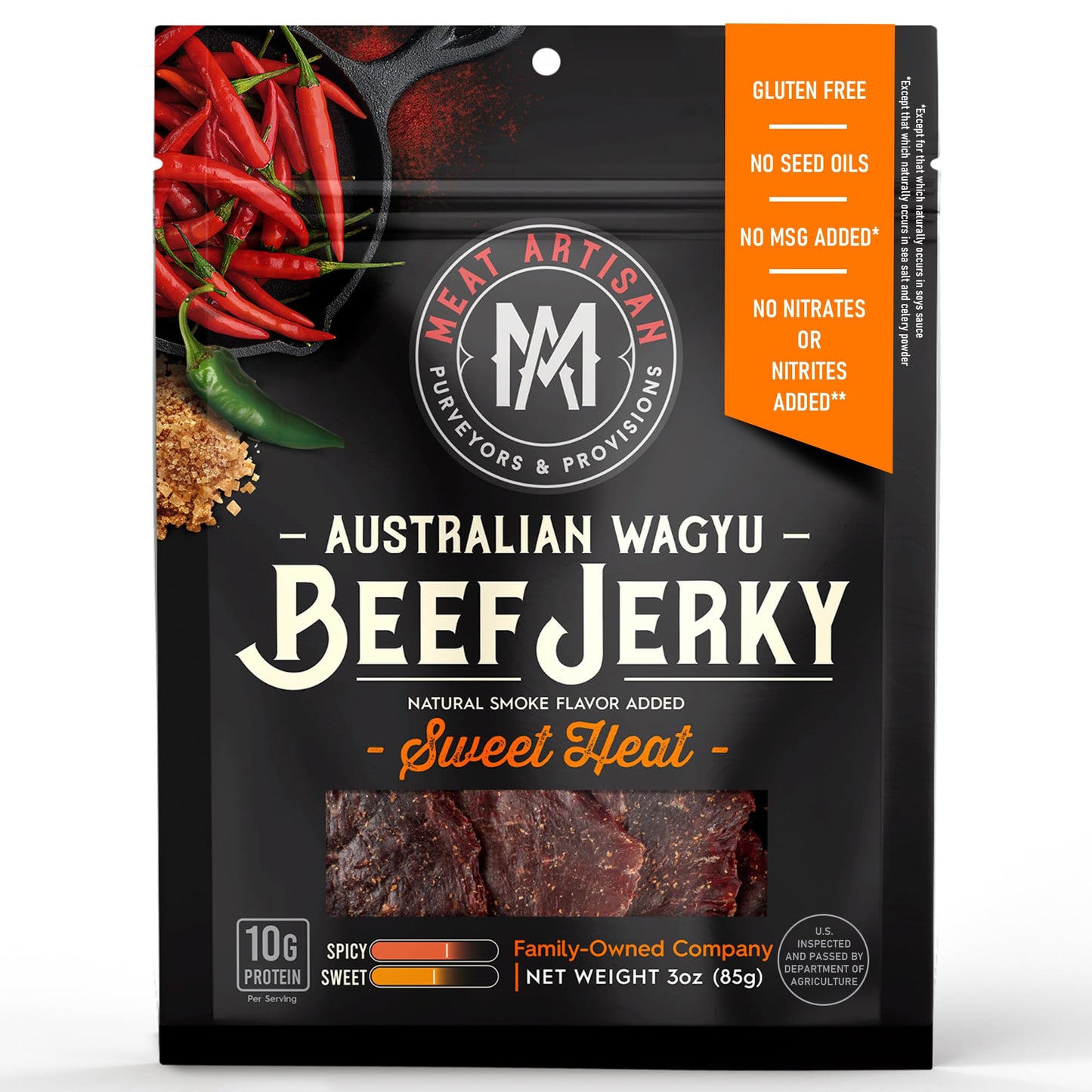Meat Artisan Beef Jerky - Australian Wagyu Sweet Heat - High Protein Snack - Gluten Free No Msg - Top-Grade Gourmet Natural 3Oz (85G)