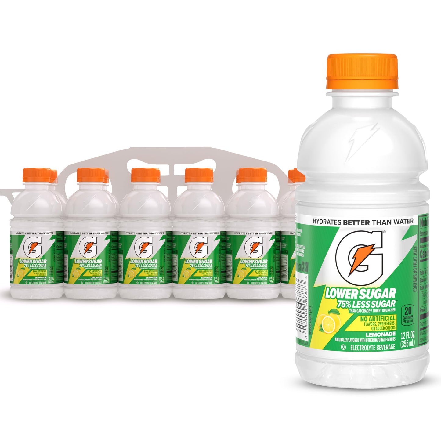 Gatorade Lower Sugar Electrolyte Sports Drink, Lemonade, 12 fl oz Bottles, (12 Pack), 75% Less Sugar, No Artificial Flavors, No