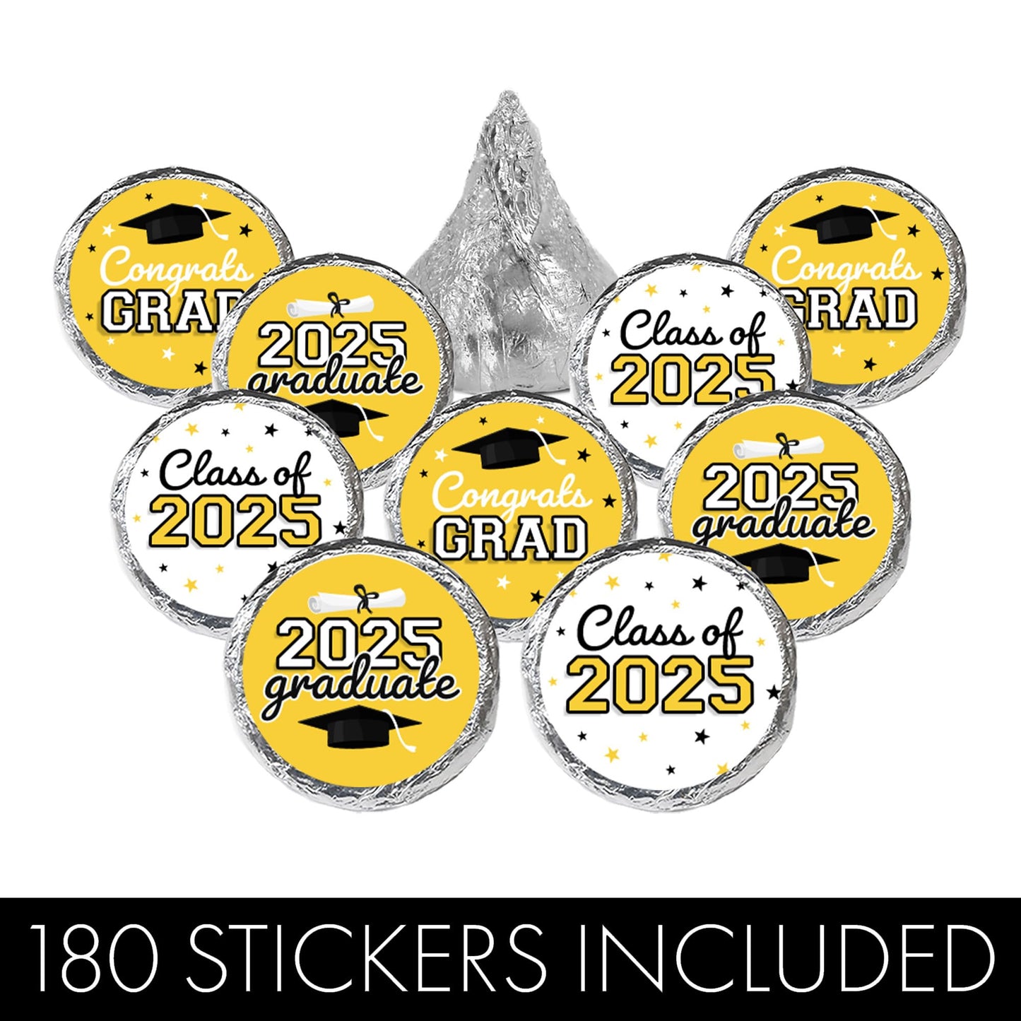 Yellow Graduation Party Stickers For Kisses Candy, Chocolate Drops, 2025 Grad Party Favors - 180 Count