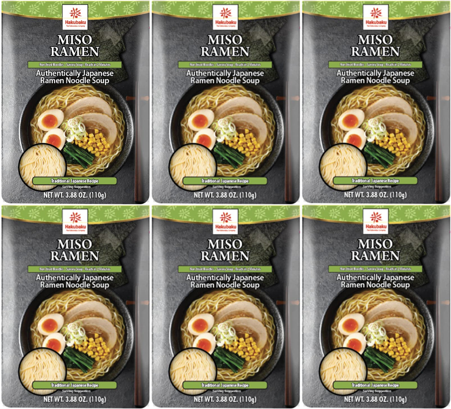 Hakubaku Japanese Ramen Noodle Soup, MISO, 3.88oz (Pack of 6), Authentic Japanese ramen non-fried & soft noodles, shelf-stable