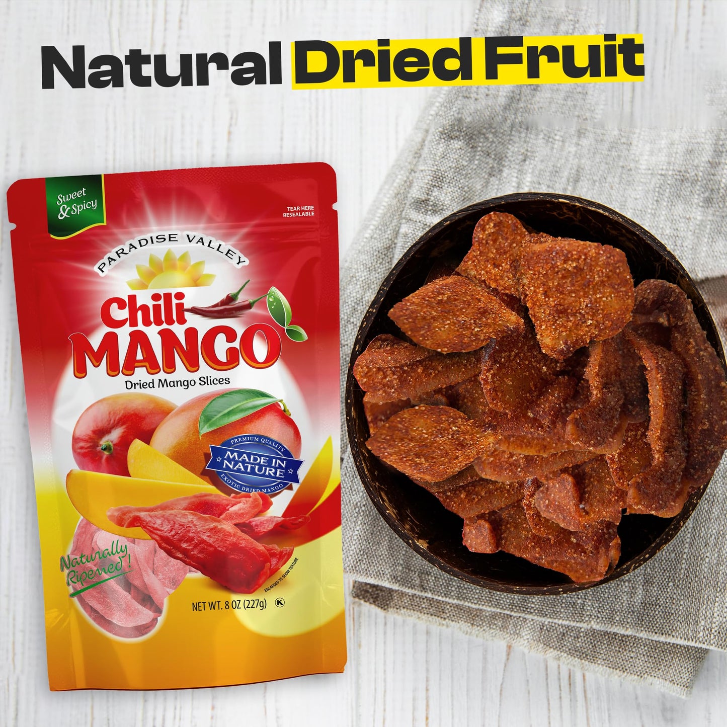 Dried Mango Slices - Delicious Texture Soft & Juicy Low Sugar Added Dried Mango - Naturally Ripened Mangos Dried Fruits - Gluten Free Dry Mangoes Natural Source of Vitamin C Fiber (8 oz chili)