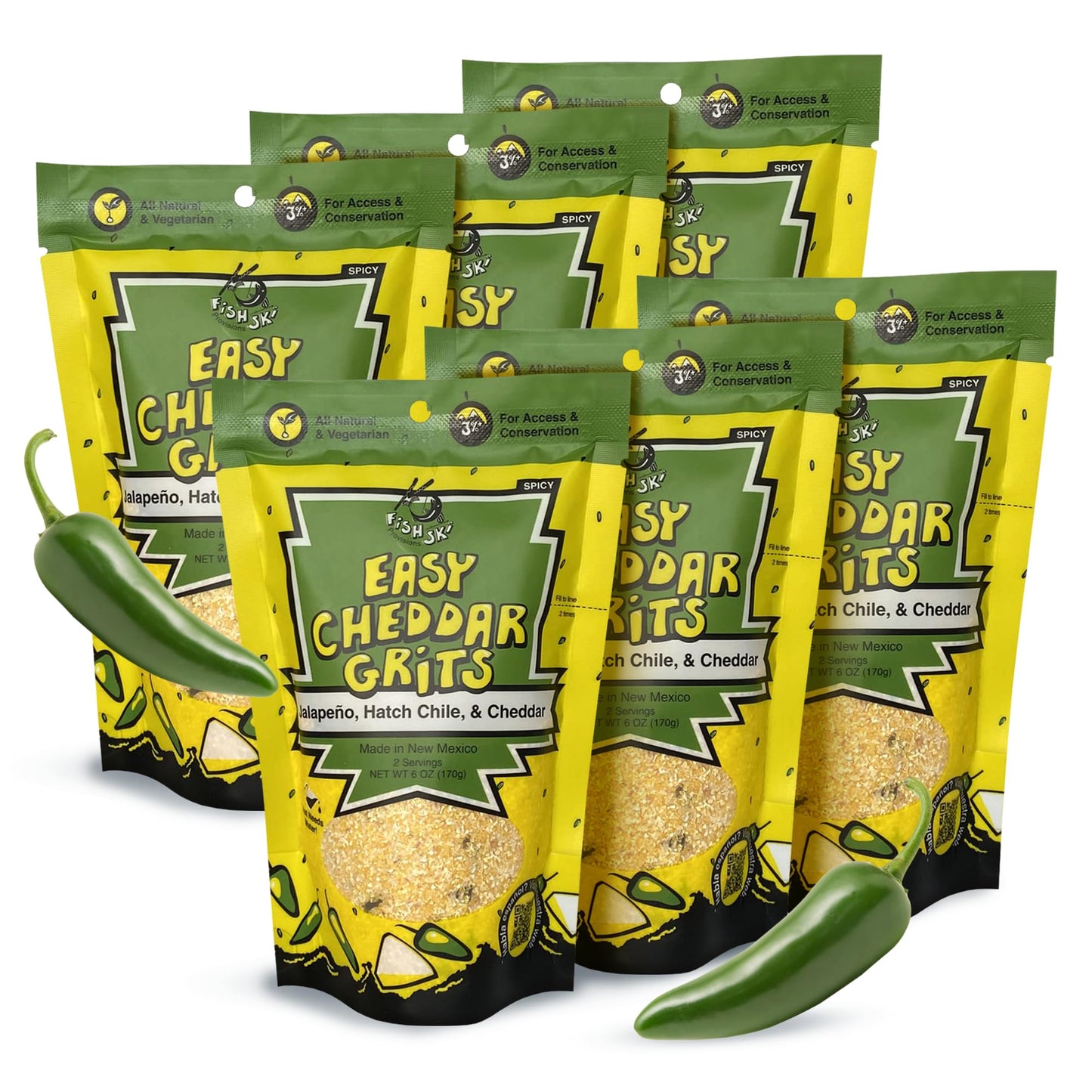 Jalapeno Yellow Corn Grits with Cheddar Cheese + Hatch Green Chile + Garlic, by FishSki Provisions, 6 oz bags, 6 pack