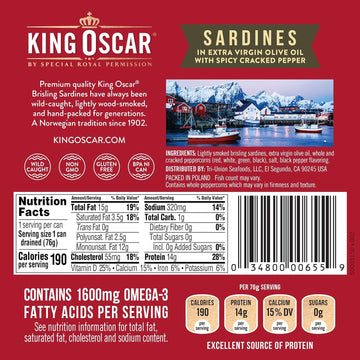 King Oscar Brisling Sardines In Extra Virgin Olive Oil, Spicy Cracked Pepper, 3.75-Ounce Cans (Pack Of 12)