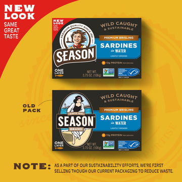 SEASON Sardines in Water, Wild Caught, 13g Protein, Keto Snacks, 3.75 Oz Tins, 6-Pack