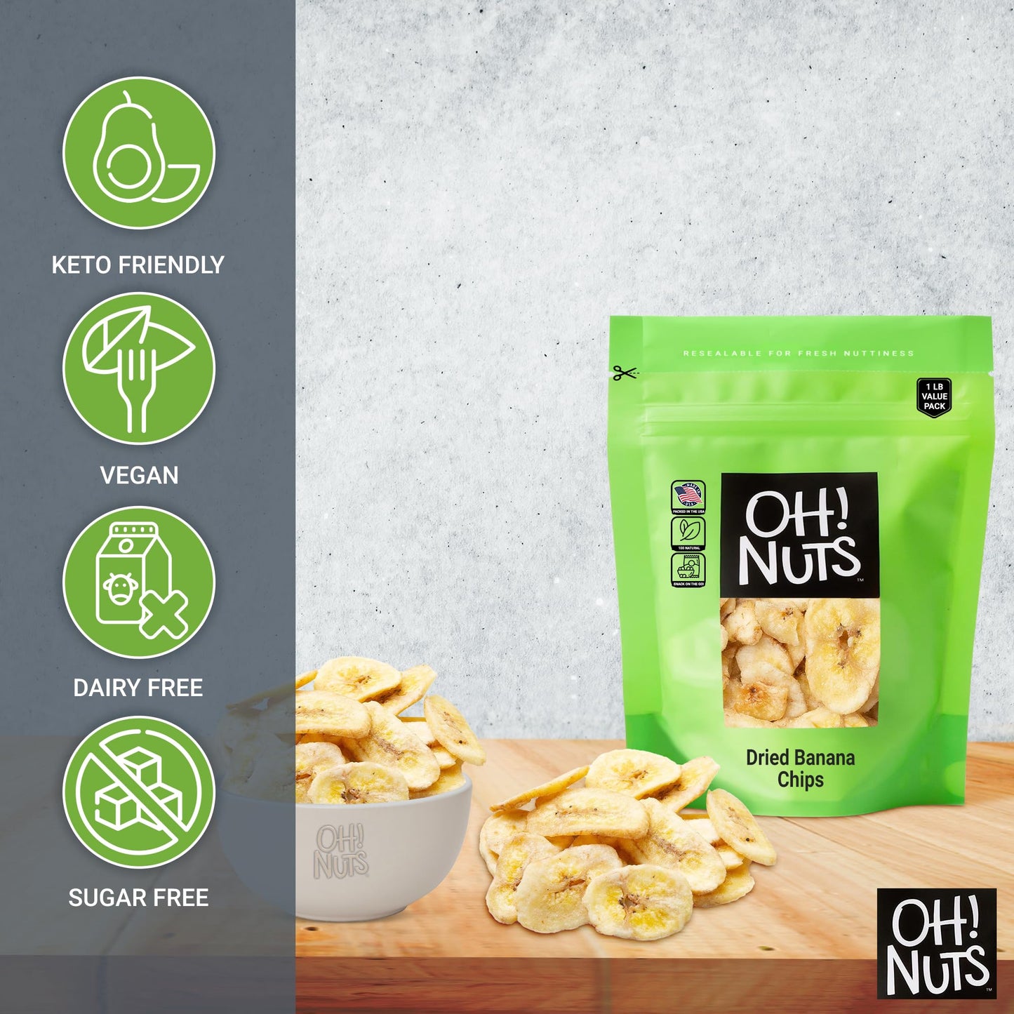 Dried Banana Chips | 1Lb Bulk Bag Fresh Sweetened Dehydrated Banana Fruit Slices | Snacking & Baking | Low In Sodium, Cholesterol, Fat, High Fiber, Egg, Dairy Free | Light Sugar Added By Oh Nuts