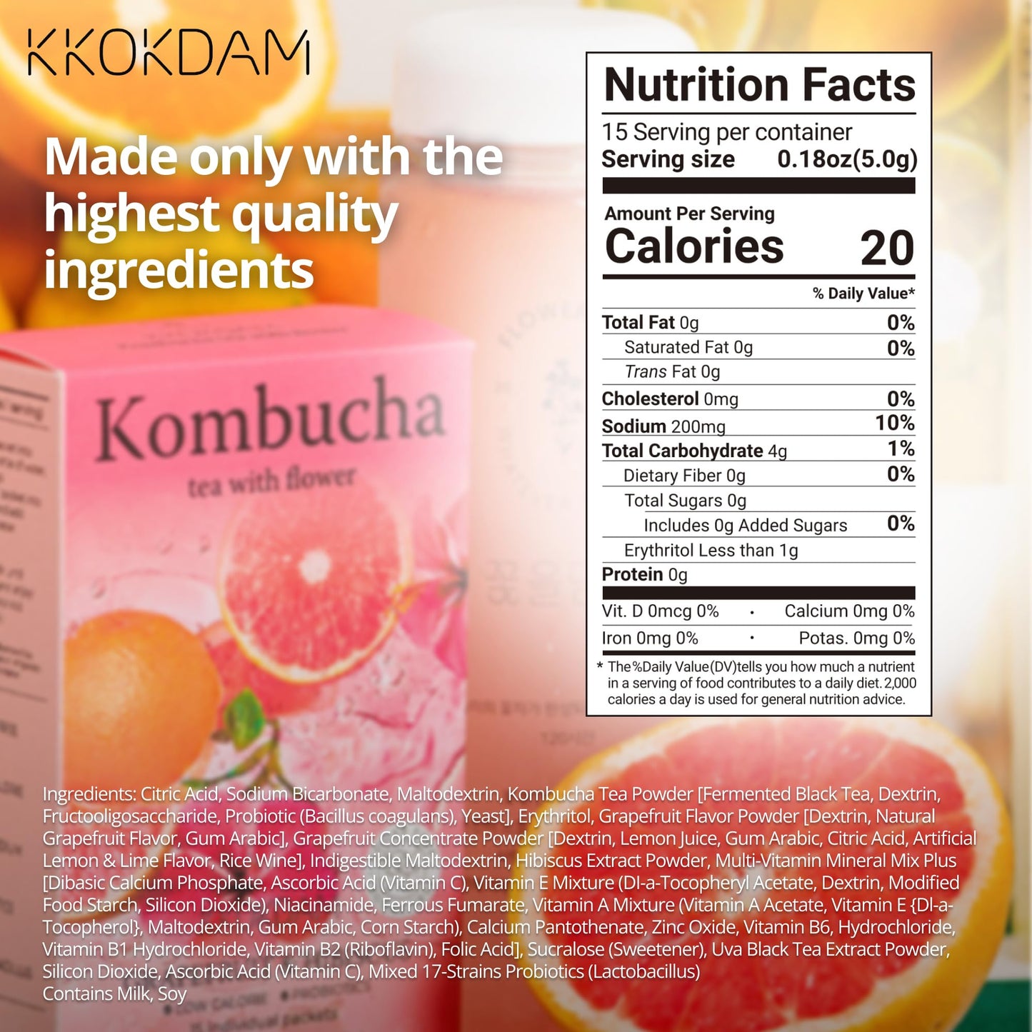 KKOKDAM Kombucha Tea 15 Packs - Peach & Cherryblossom Probiotic Drinks, Sugar Free, Low Calorie, 5g Each, Korean Tea