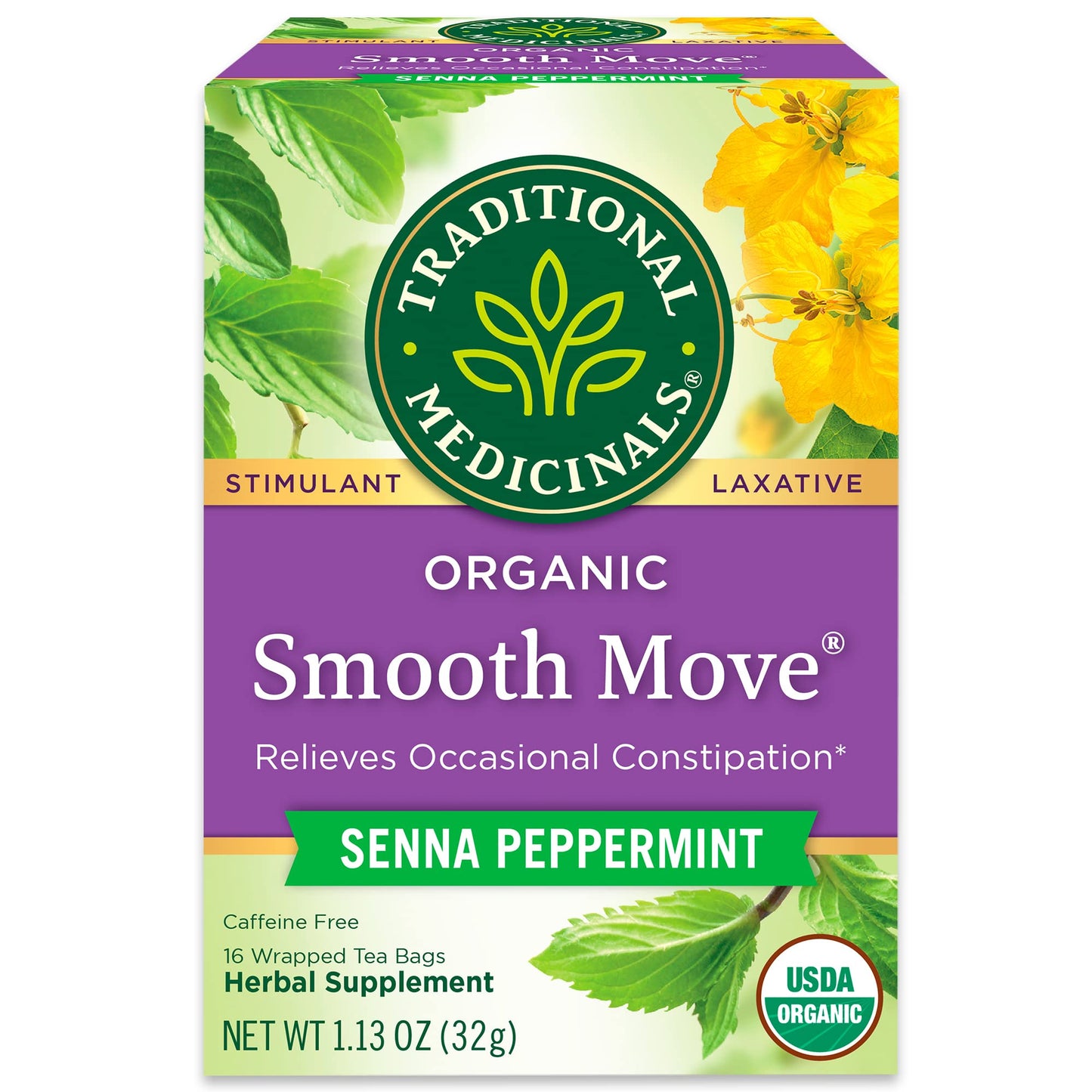 Traditional Medicinals Organic Herbal Tea Smooth Move Senna Peppermint, 32 Tea Bags (Pack of 2)