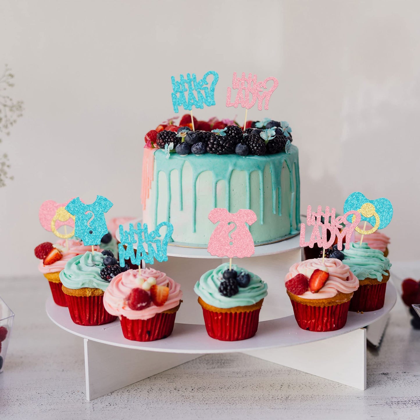 24Pcs Boy Or Girl Cupcake Toppers Glitter Gender Reveal Onesie Question Mark Cupcake Picks Little Man Or Little Lady Baby Shower