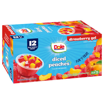 Dole Fruit Bowls Peaches in Strawberry Flavored Gel Snacks, 4.3oz 12 Total Cups, Gluten & Dairy Free, Bulk Lunch Snacks for Kids