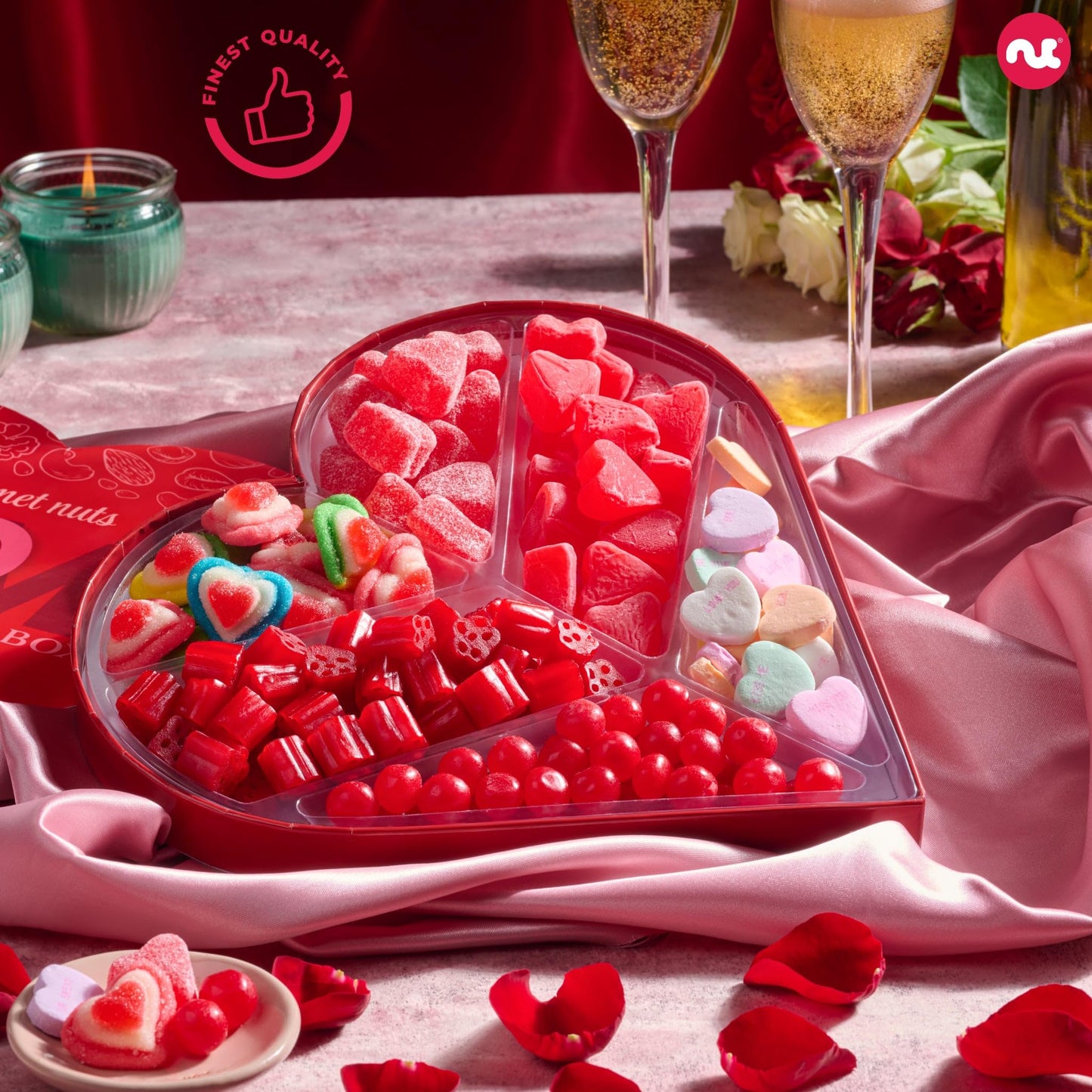 NUT CRAVINGS - Valentines Day Mixed Candy Heart Shaped Gift Basket, Love in A Box (6 Assortments) Romantic Food Arrangement, Hea