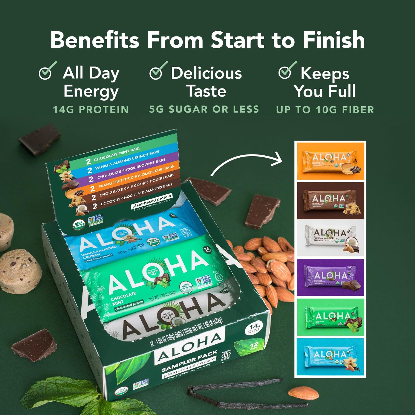 ALOHA Organic Plant Based Protein Bars - Vegan, Gluten-Free, Low Sugar, 12 Count, 1.9oz, Variety Pack, Green