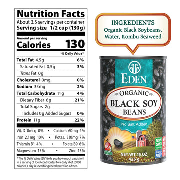 Eden Organic Black Soybeans, 15 Oz Can (6-Pack), Complete Protein, No Salt Added, Non-Gmo, Gluten Free, U.S. Grown, Heat And Serve, Macrobiotic, Soy Beans