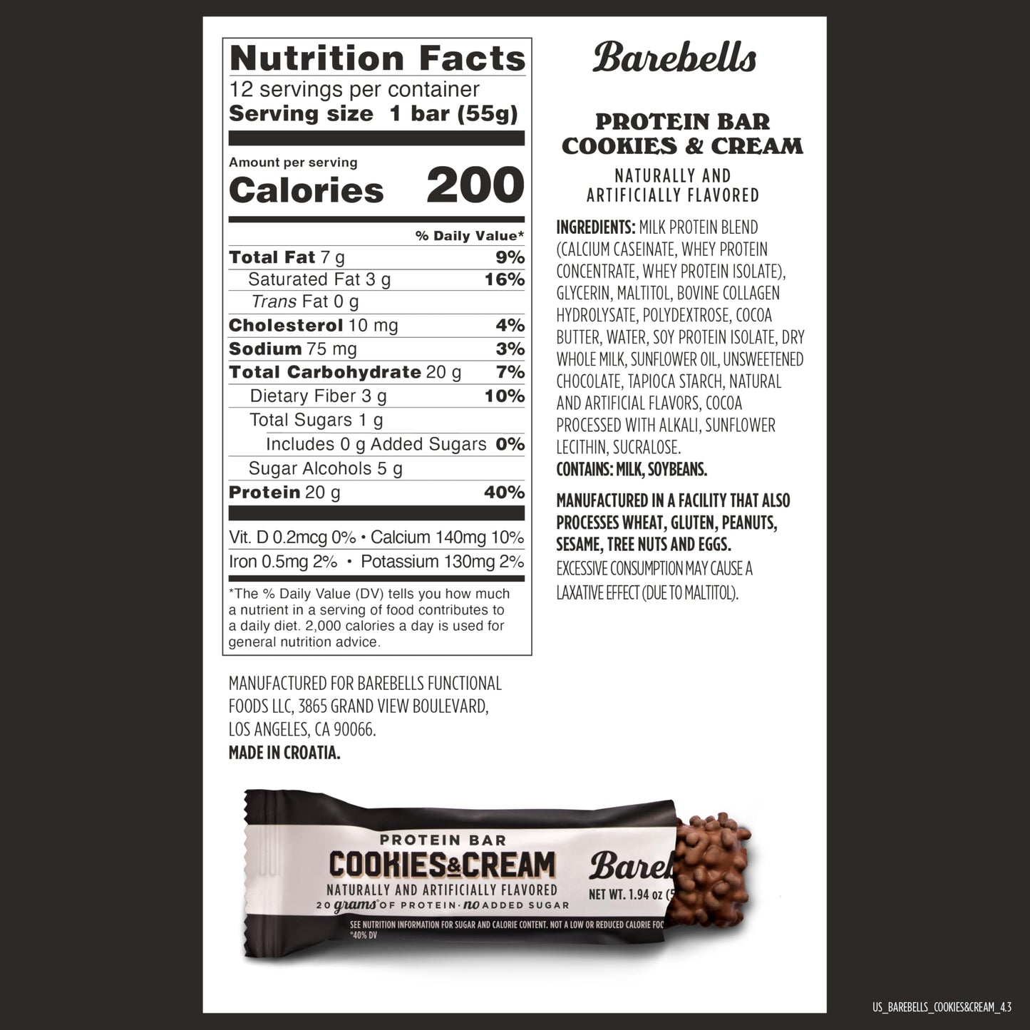 Barebells Protein Bars Cookies & Cream - 12 Count, 20G High Protein - Chocolate Nutrition Bar With 1G Total Sugars - On-The-Go Breakfast Or Post-Workout Snack